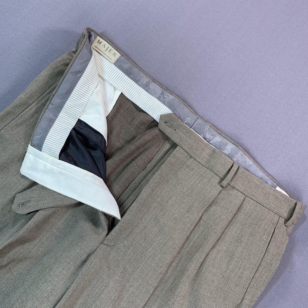 Majer Dress Pants Mens 40x25 Brown Pleated Cuffed‎ Lined Classic Fit Trousers